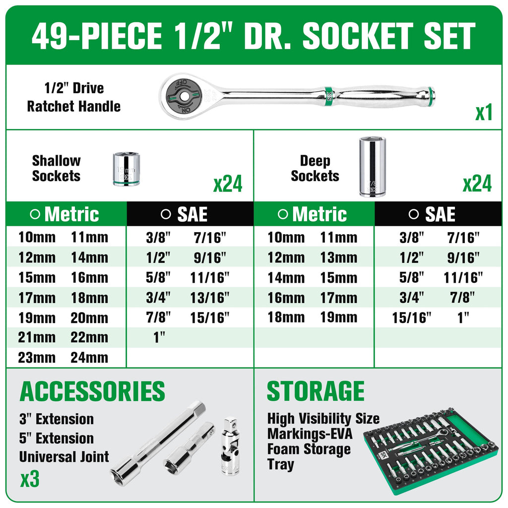 SK Tools USA - 49 Piece 1/2" Drive, 6 Point, Standard & Deep, SAE & Metric Chrome Socket Set