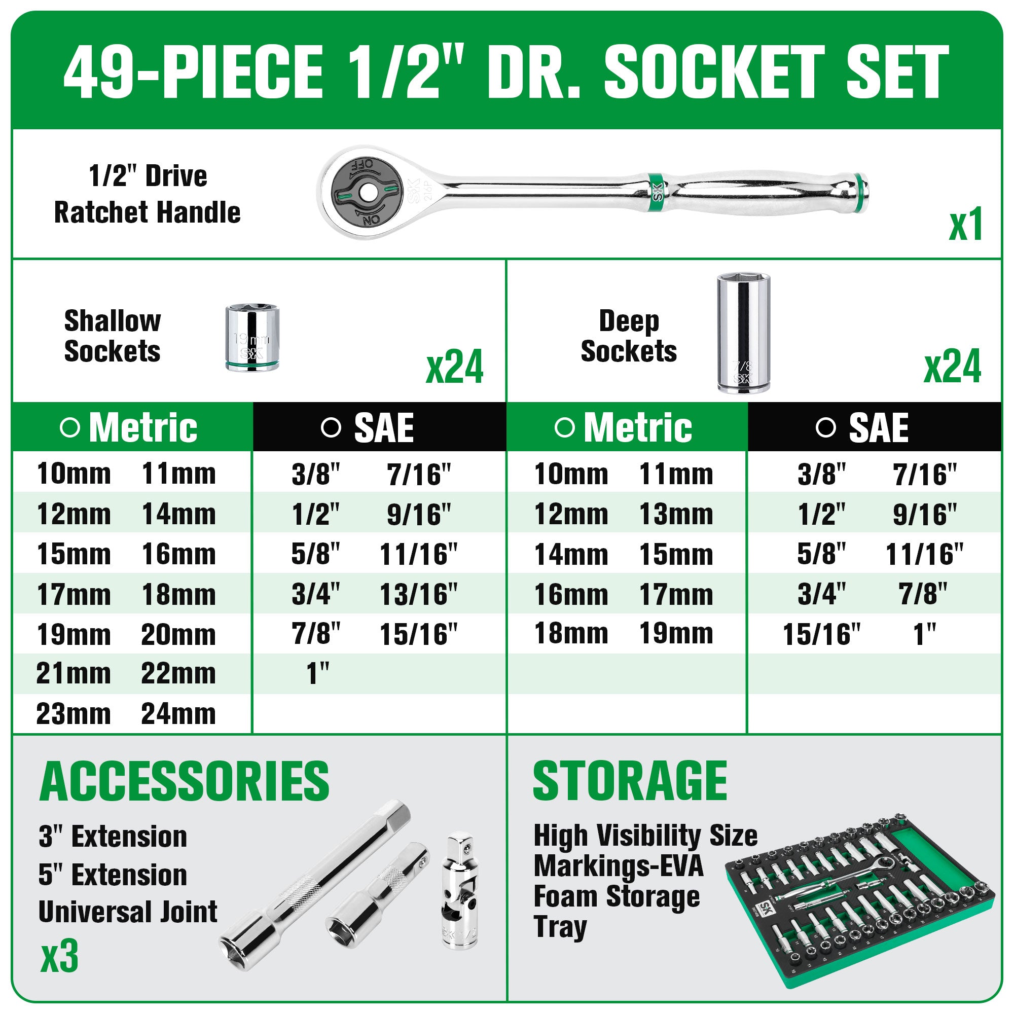 SK Tools USA - 49 Piece 1/2" Drive, 6 Point, Standard & Deep, SAE & Metric Chrome Socket Set