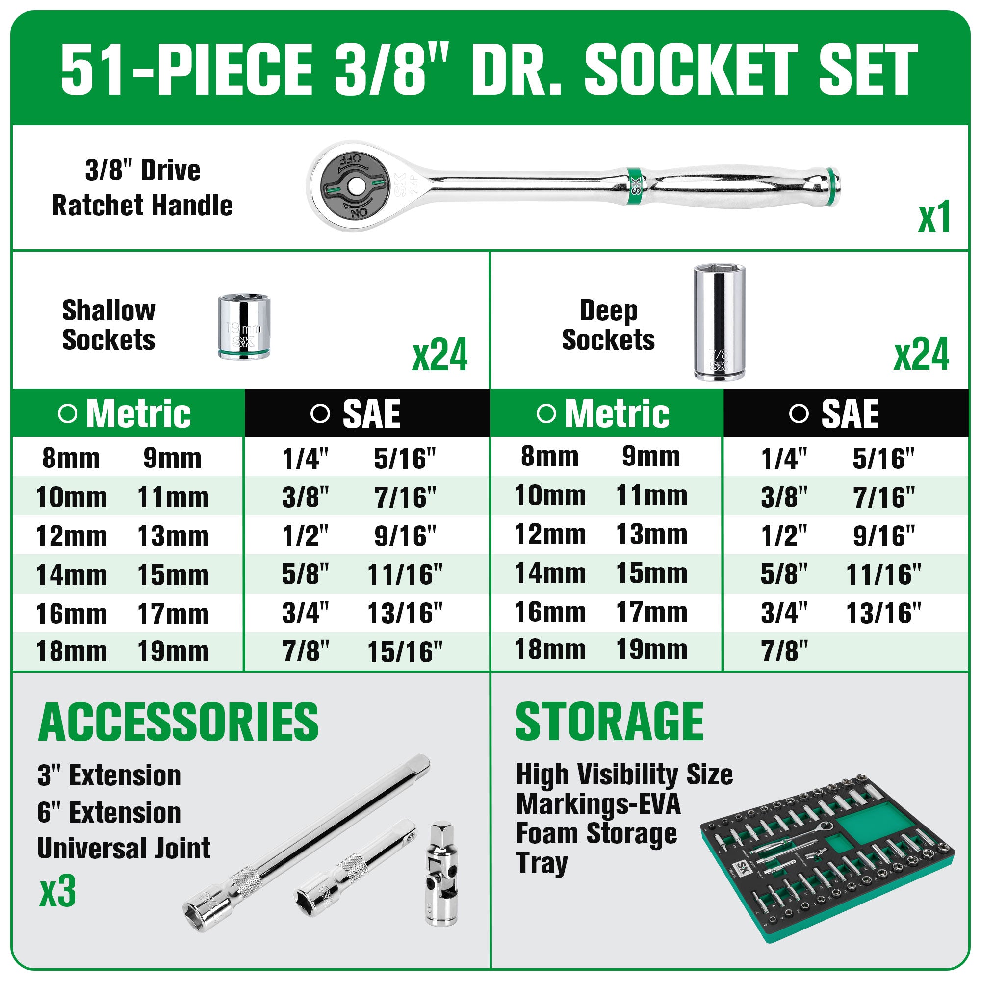 SK Tools USA - 51 Piece 3/8" Drive, 6 Point, Standard & Deep, SAE & Metric Chrome Socket Set - Ridge Toolbox