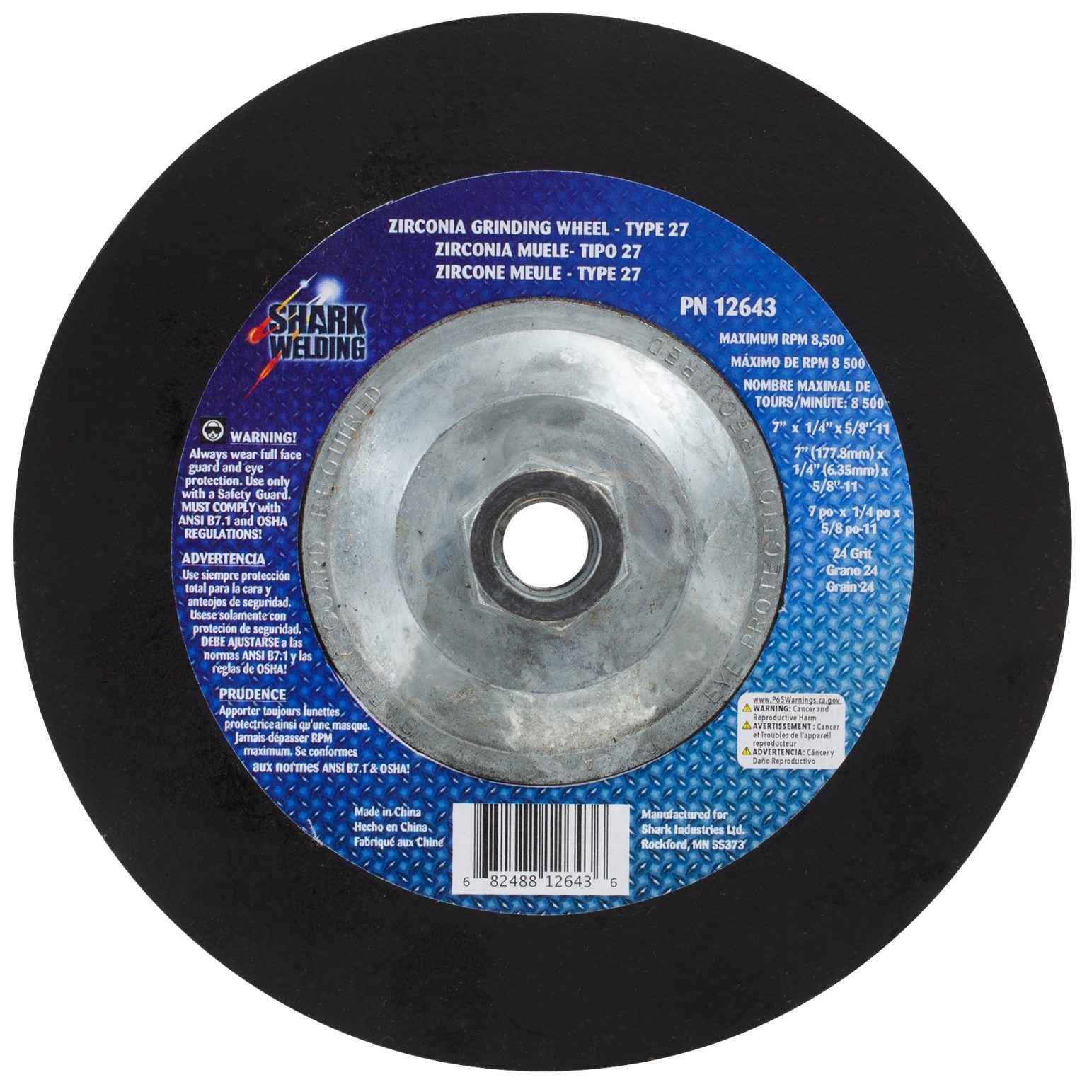 Shark Industries - Grinding Wheels Type 27- Zirconia 7″x 1/4″ x 5/8-11 – 24 Grit