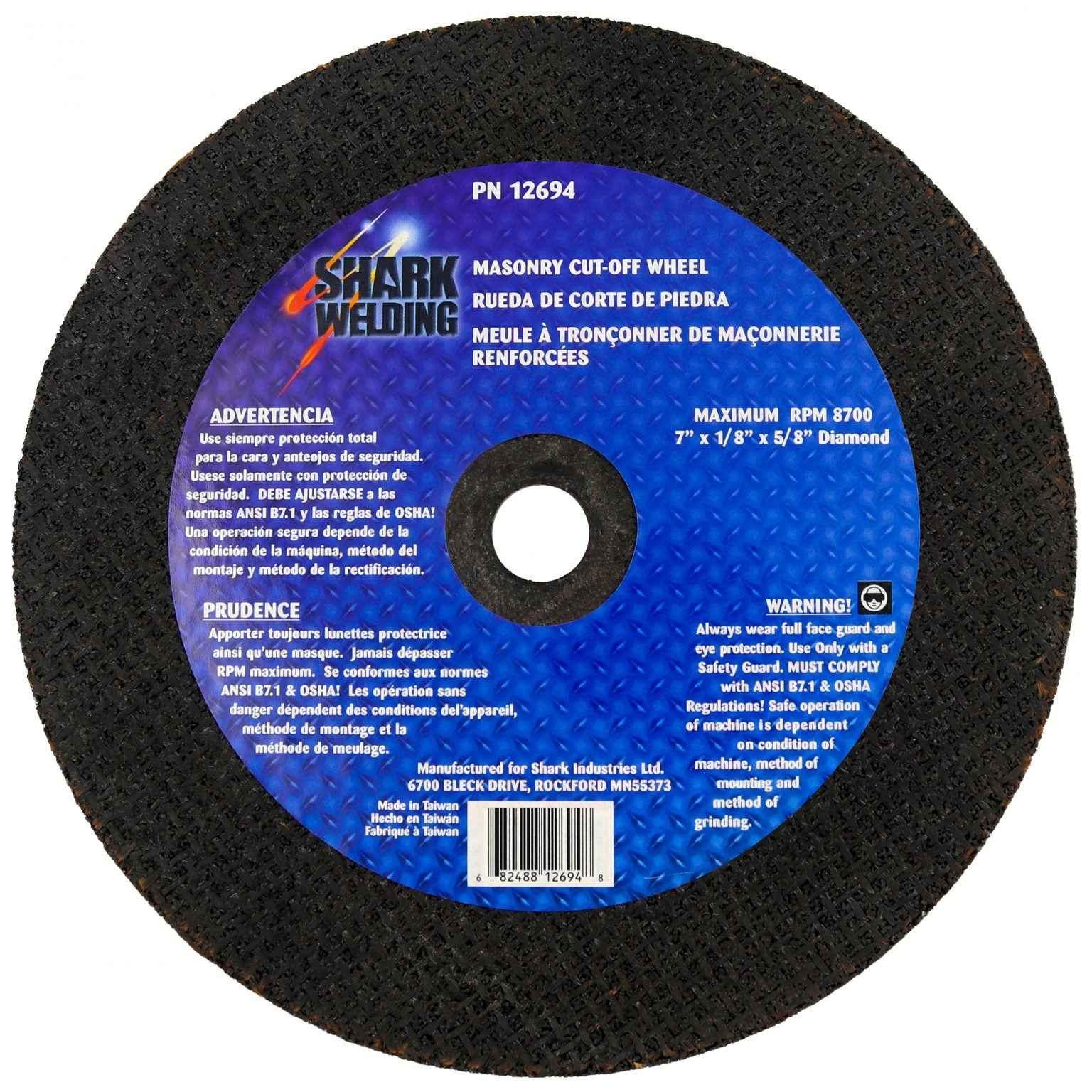 Shark Industries - Cut-Off Wheel – Silicon Carbide (for Aluminum Cutting) – 7″ x 1/8″ x 5/8″ Diamond Shaped – 24 Grit