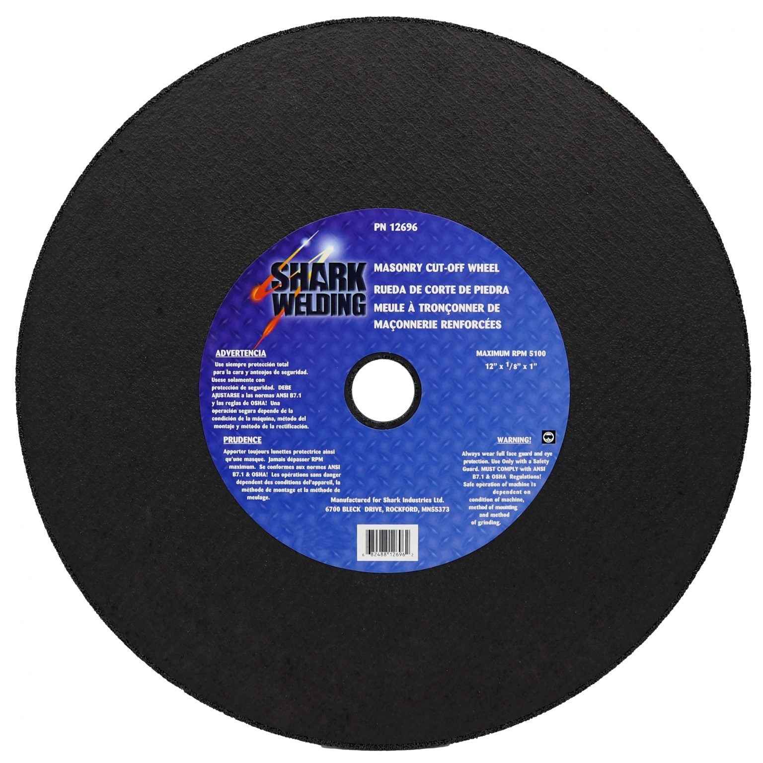 Shark Industries - Cut-Off Wheel – Silicon Carbide – Double/Masonry Reinforced – 12″ x 1/8″ x 1″ – 36 Grit