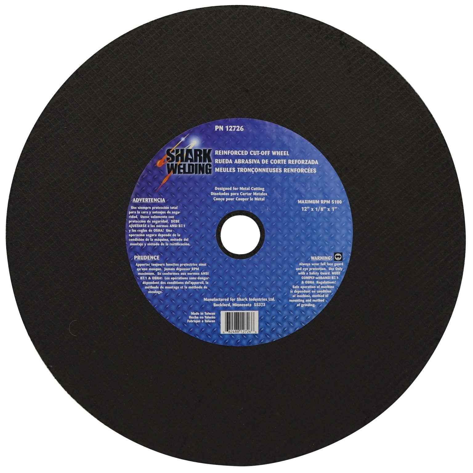 Shark Industries - Cut-Off Wheel – Aluminum Oxide – Double Reinforced – 12″ x 1/8″ x 1″ – 36 Grit