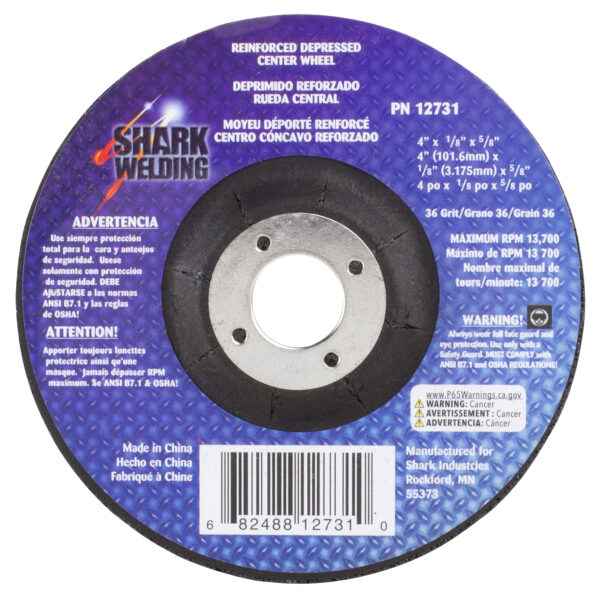 Shark Industries - 4″ Type 27 Aluminum Oxide Grinding Wheels Depressed Center – Hubless, 36 Grit – 4″ x 1/8″ x 5/8″