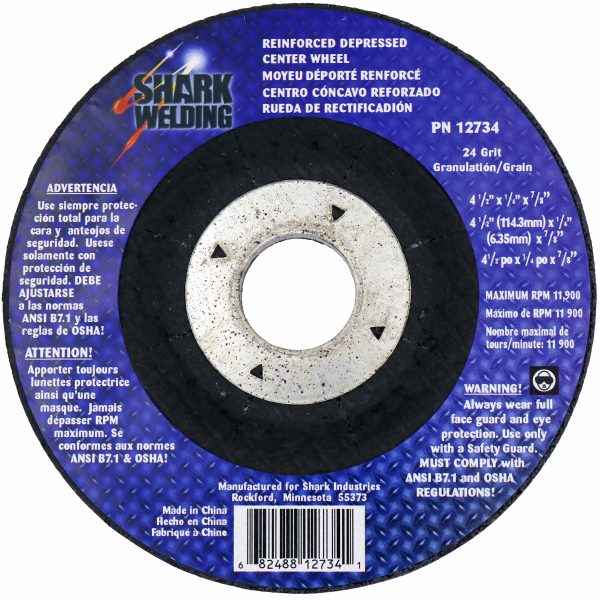 Shark Industries - 4.5″ Type 27 Aluminum Oxide Grinding Wheels Depressed Center – Hubless, 24 Grit. 4.5″ x 1/4″ x 7/8″