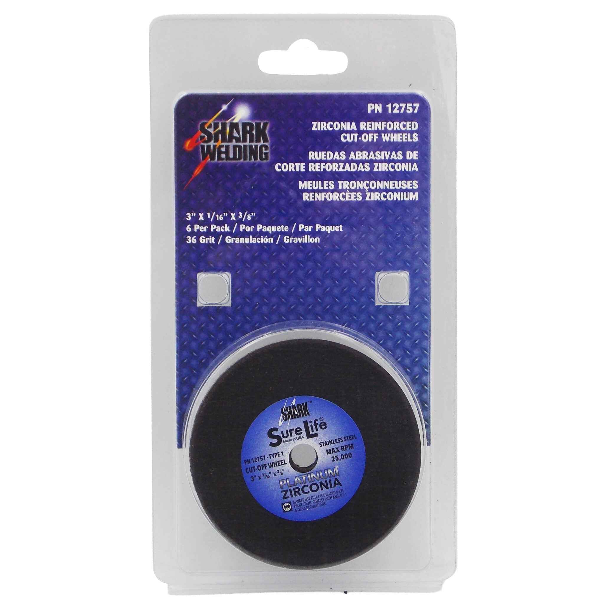 Shark Industries - 6 PK | Cut-Off Wheel – Zirconia (Sure-Life) – 3″ x 1/16″ x 3/8″ – 36 Grit – Made in USA