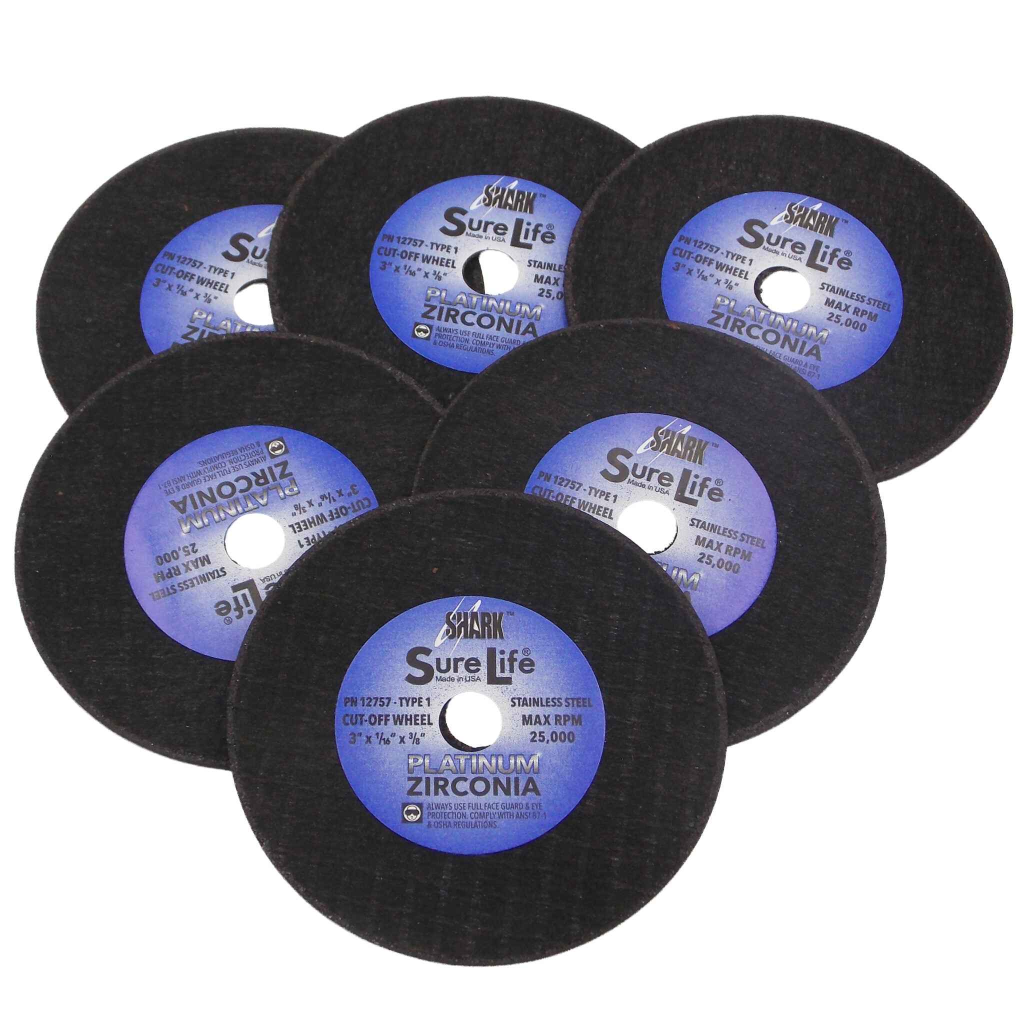 Shark Industries - 6 PK | Cut-Off Wheel – Zirconia (Sure-Life) – 3″ x 1/16″ x 3/8″ – 36 Grit – Made in USA