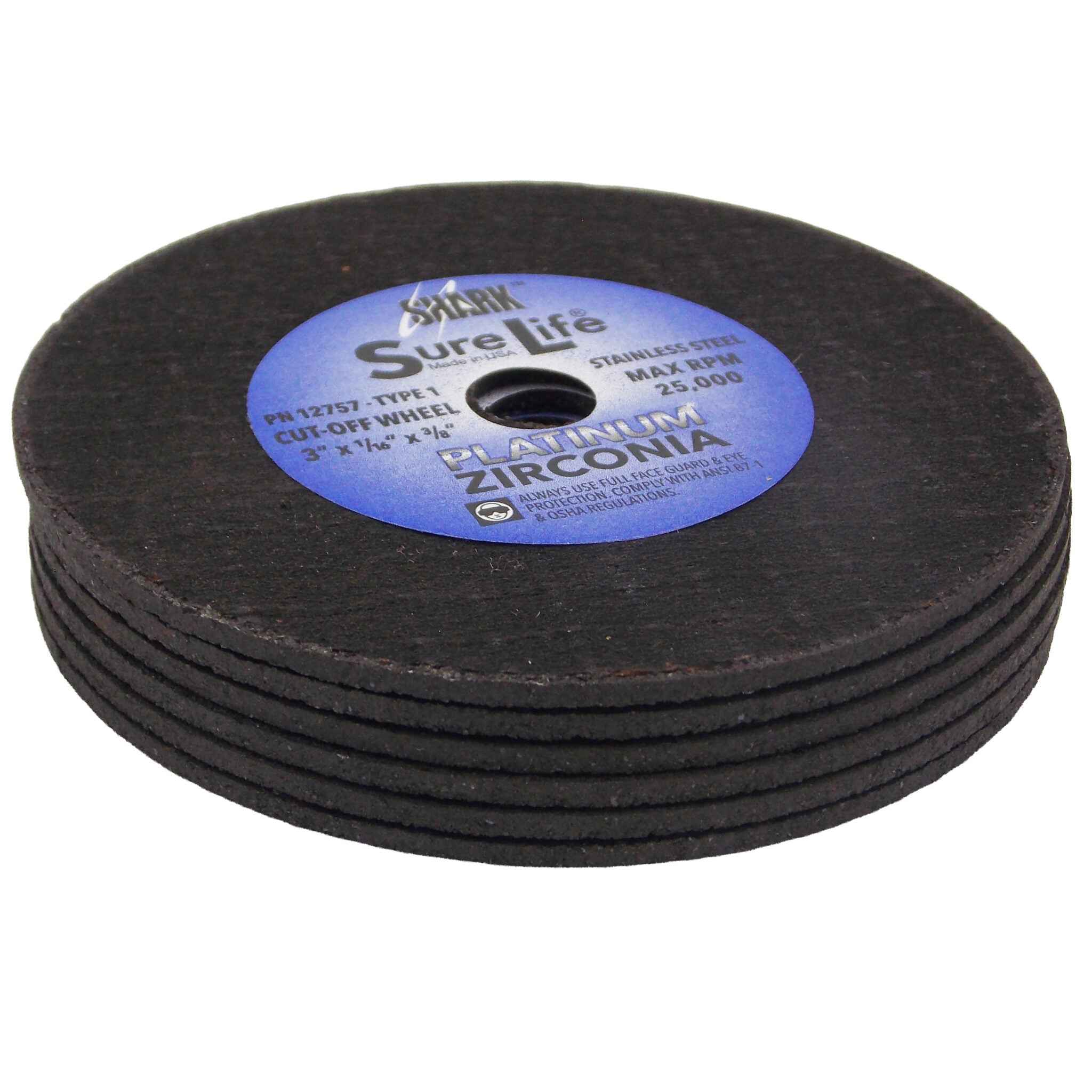 Shark Industries - 6 PK | Cut-Off Wheel – Zirconia (Sure-Life) – 3″ x 1/16″ x 3/8″ – 36 Grit – Made in USA
