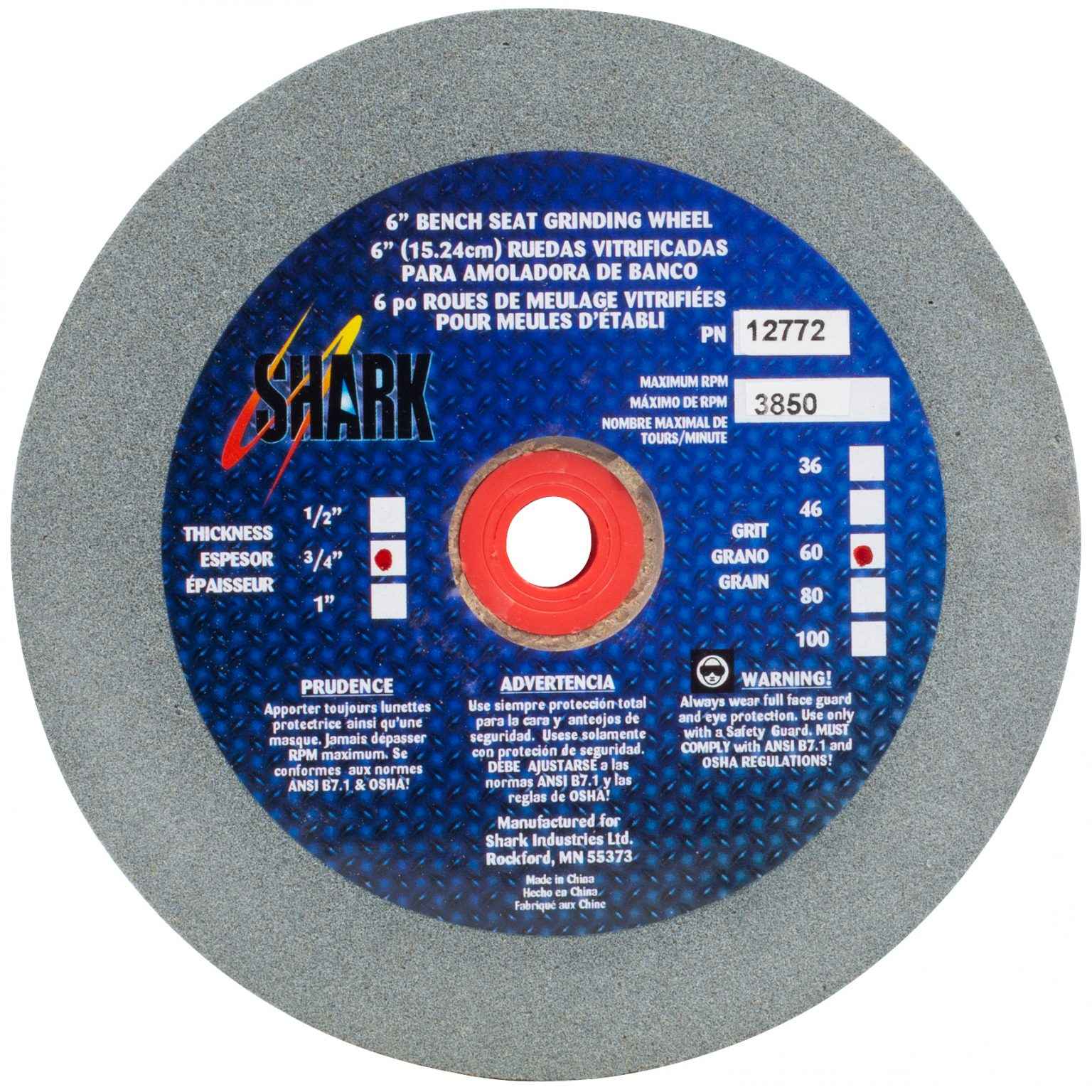 Shark Industries - Bench Seat Grinding Wheel – Size 6″ x 3/4″ Thick x 1″ Arbor – 36 Grit, 60 Grit, 80 Grit – Aluminum Oxide