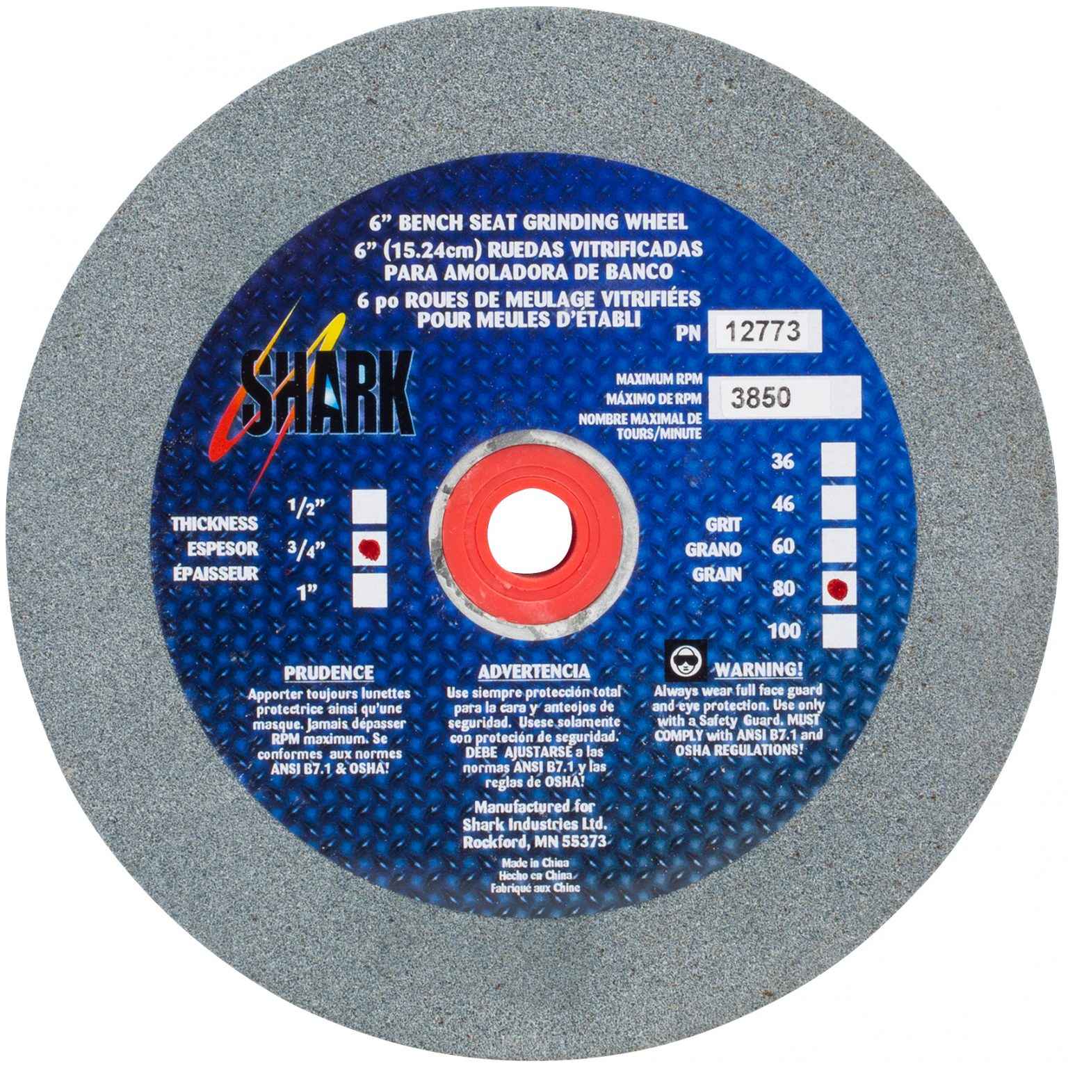 Shark Industries - Bench Seat Grinding Wheel – Size 6″ x 3/4″ Thick x 1″ Arbor – 36 Grit, 60 Grit, 80 Grit – Aluminum Oxide