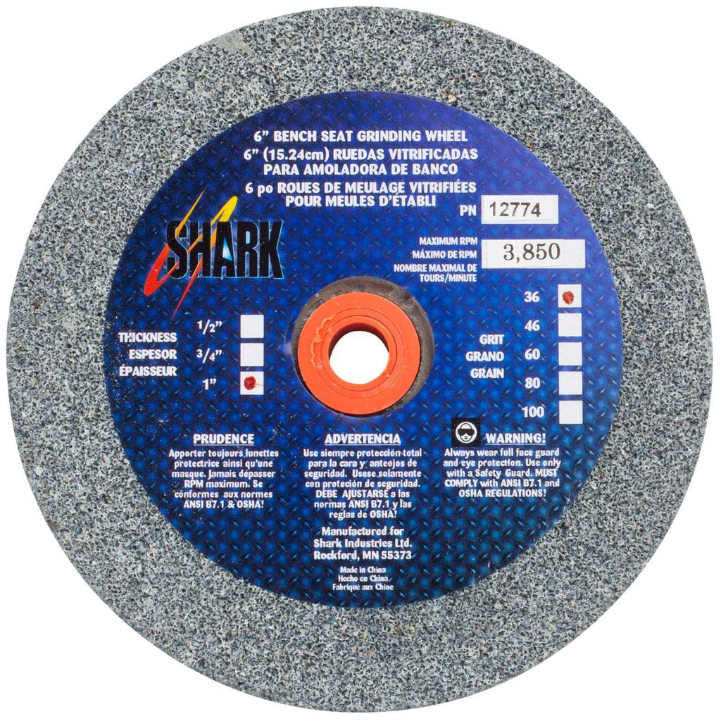 Shark Industries - Bench Seat Grinding Wheel- Size 6″x 1″ Thick x 1″ Arbor – 36 Grit, 60 Grit, 80 Grit – Aluminum Oxide
