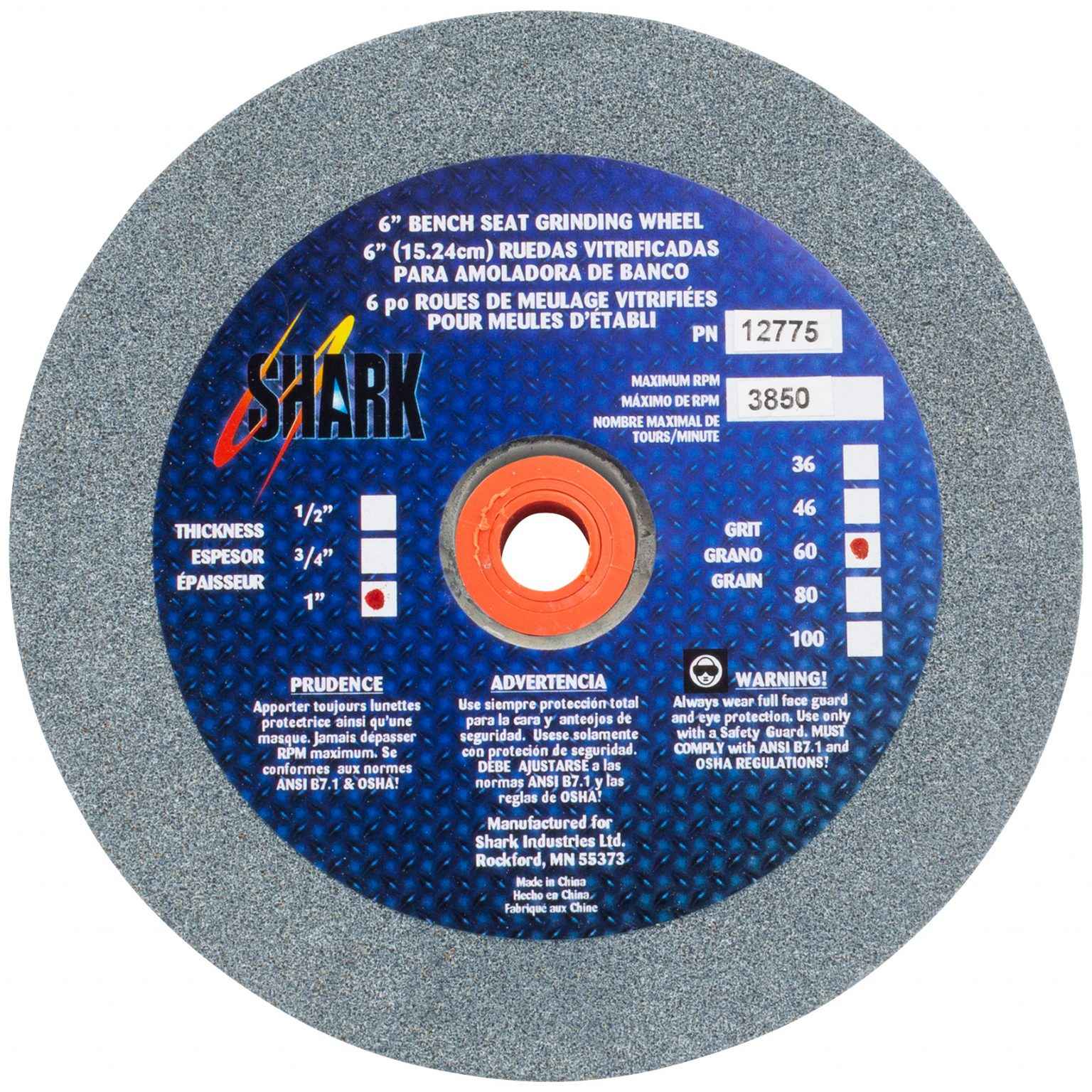 Shark Industries - Bench Seat Grinding Wheel- Size 6″x 1″ Thick x 1″ Arbor – 36 Grit, 60 Grit, 80 Grit – Aluminum Oxide