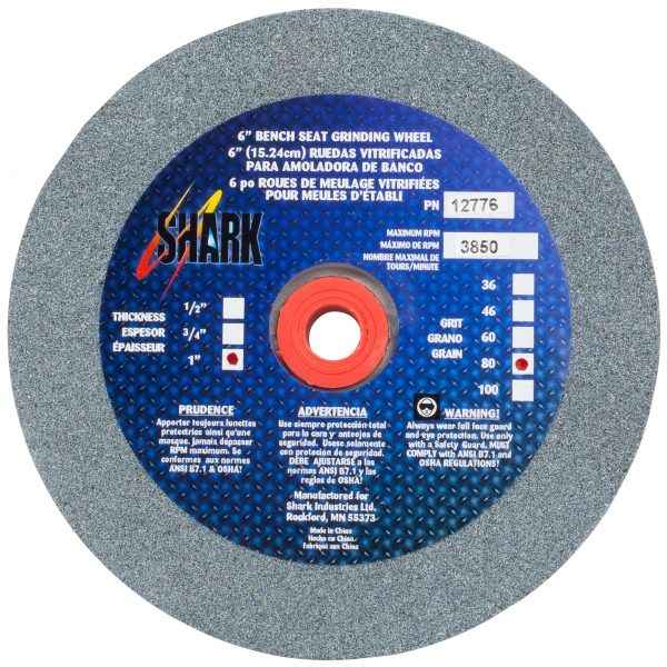 Shark Industries - Bench Seat Grinding Wheel- Size 6″x 1″ Thick x 1″ Arbor – 36 Grit, 60 Grit, 80 Grit – Aluminum Oxide