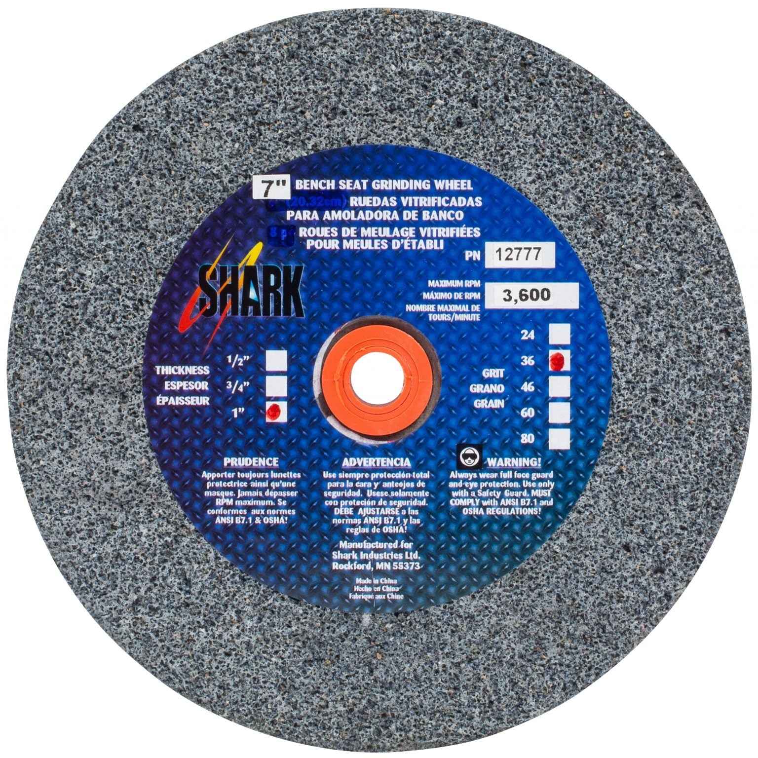 Shark Industries - Bench Seat Grinding Wheel – Size 7″x 1″ Thick x 1″ Arbor – 36 Grit, 60 Grit, 80 Grit – Aluminum Oxide