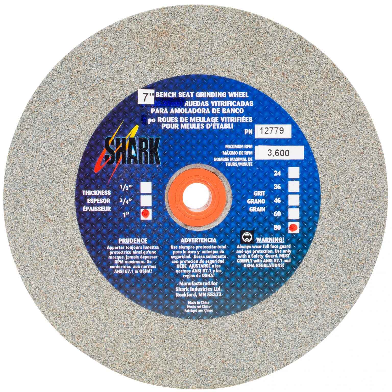 Shark Industries - Bench Seat Grinding Wheel – Size 7″x 1″ Thick x 1″ Arbor – 36 Grit, 60 Grit, 80 Grit – Aluminum Oxide