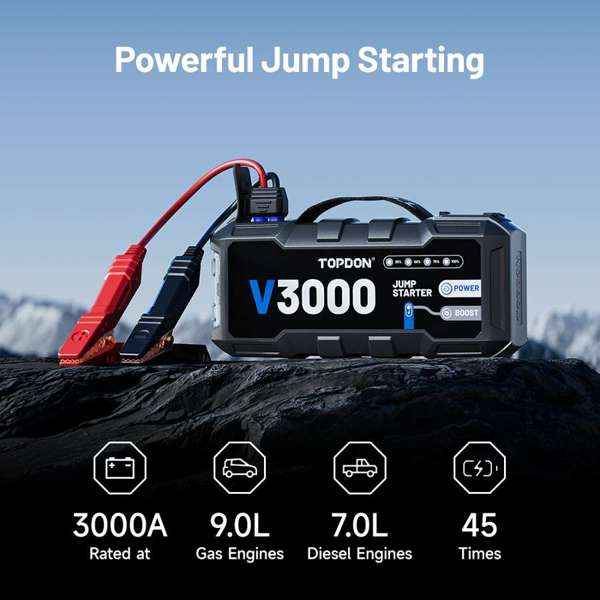 TOPDON 3000 Peak Amp Battery Jump Starter, Power Bank, & Flashlight