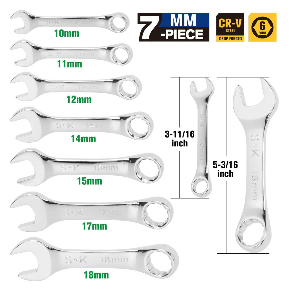SK Tools USA - 7 Piece 12 Point Metric Short Combination SuperKrome Wrench Set