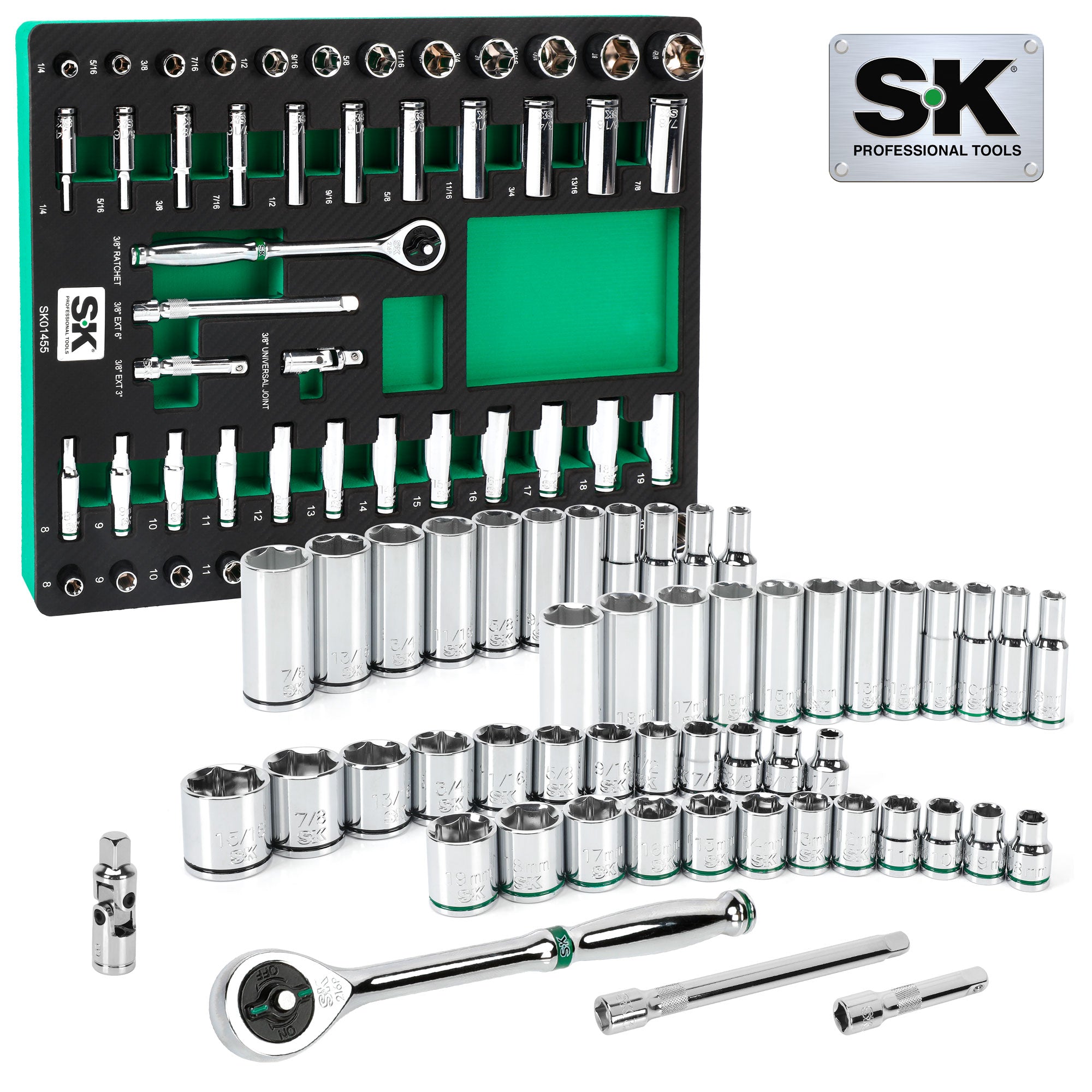 SK Tools USA - 51 Piece 3/8" Drive, 6 Point, Standard & Deep, SAE & Metric Chrome Socket Set