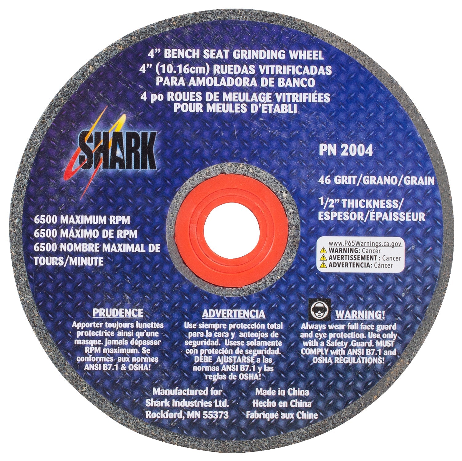 Shark Industries - Bench Seat Grinding Wheel Type 1 . Size 4″ x 1/2″ – 46 Grit. Made of Aluminum Oxide