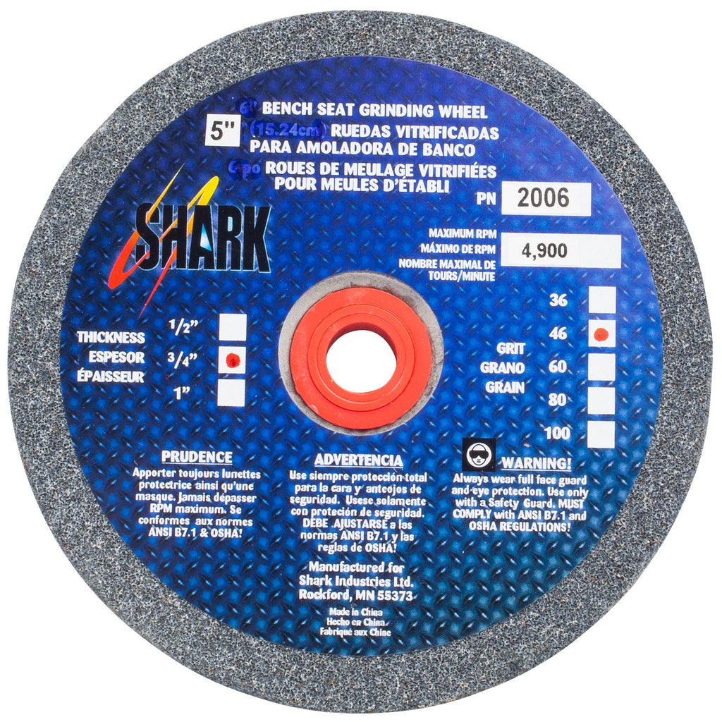 Shark Industries - Bench Seat Grinding Wheel Type 1 . Size 5″ x 3/4″- 46 Grit. Made of Aluminum Oxide