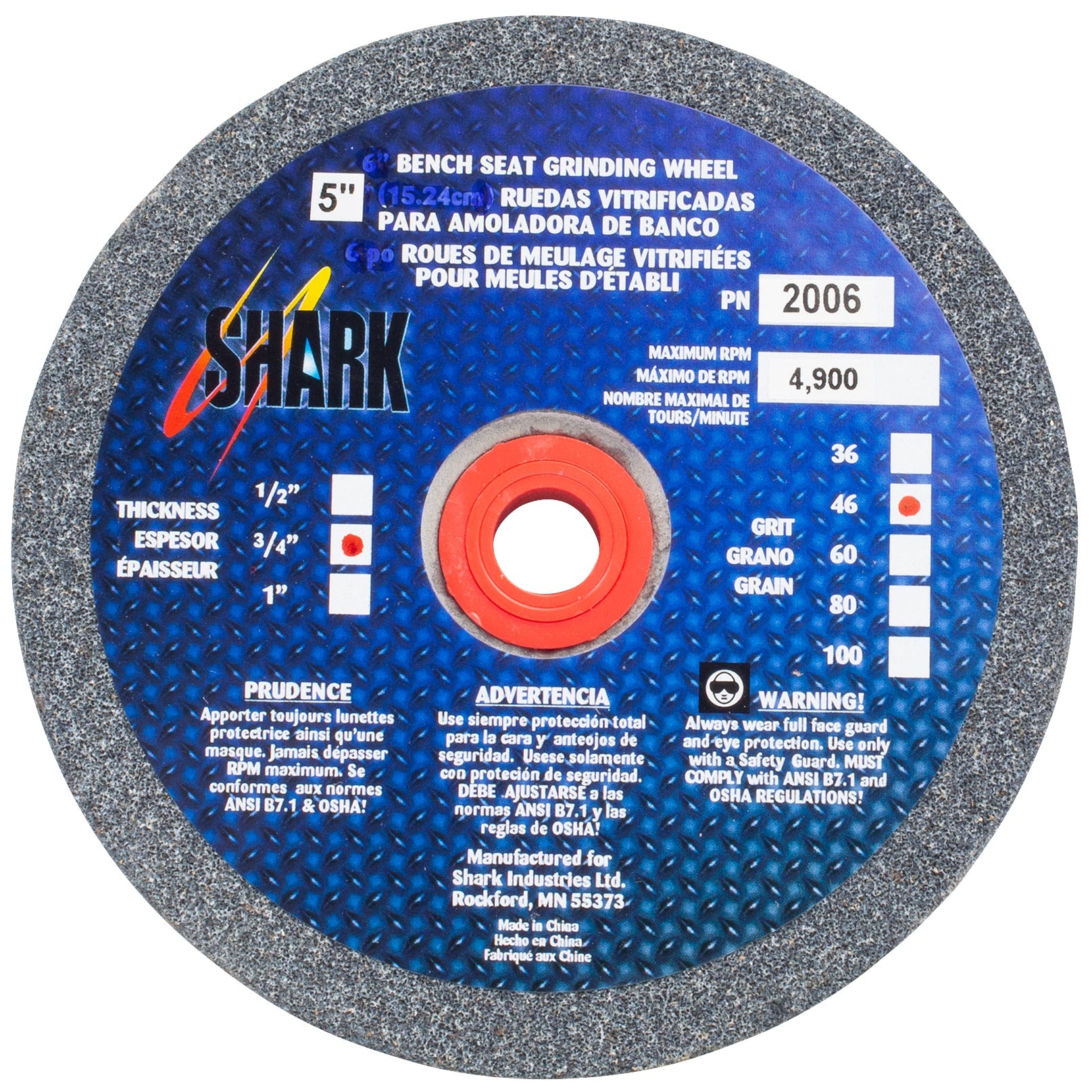 Shark Industries - Bench Seat Grinding Wheel Type 1 . Size 5″ x 3/4″- 46 Grit. Made of Aluminum Oxide