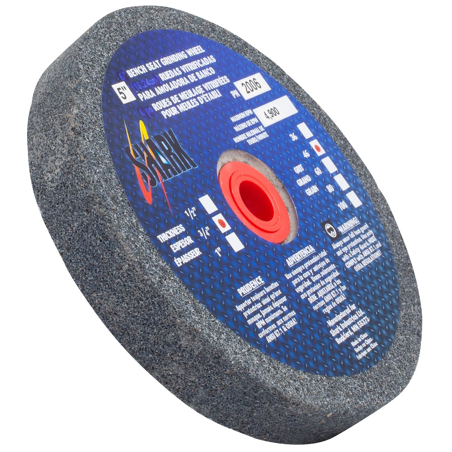Shark Industries - Bench Seat Grinding Wheel Type 1 . Size 5″ x 3/4″- 46 Grit. Made of Aluminum Oxide