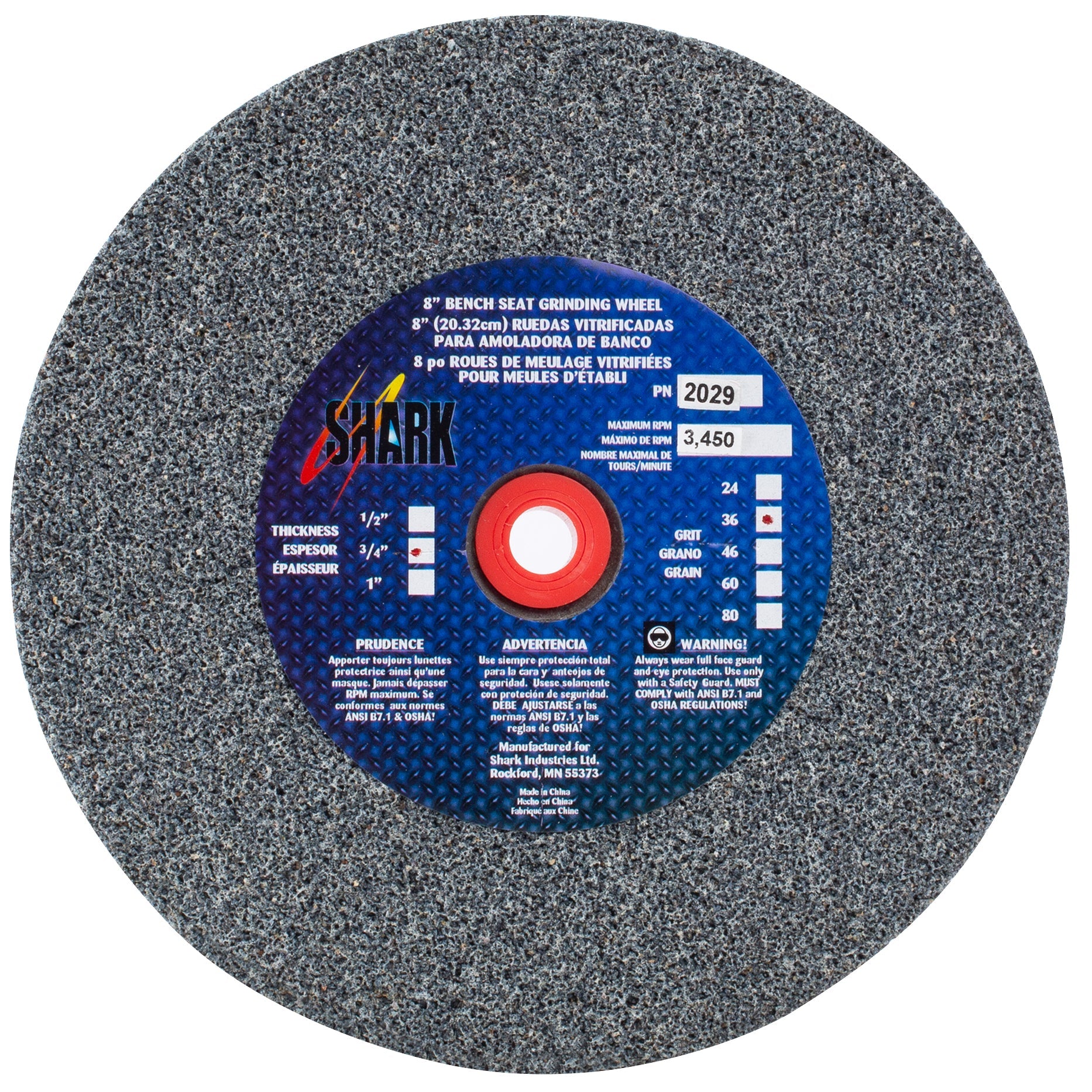 Shark Industries - Bench Seat Grinding Wheel Type 1. Size 8″ Made of Aluminum Oxide