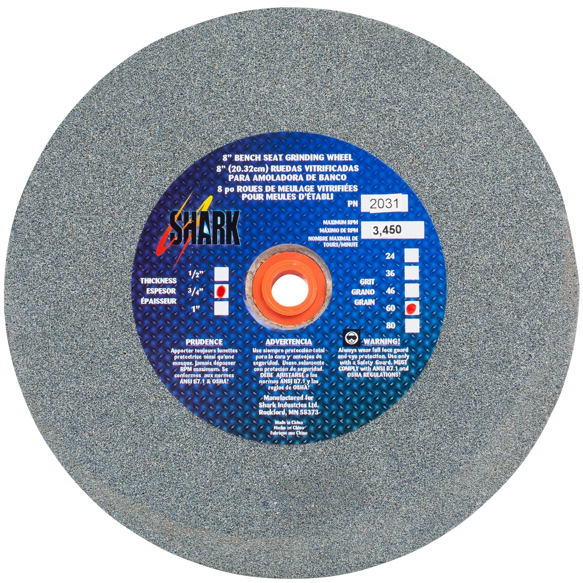 Shark Industries - Bench Seat Grinding Wheel Type 1. Size 8″ Made of Aluminum Oxide