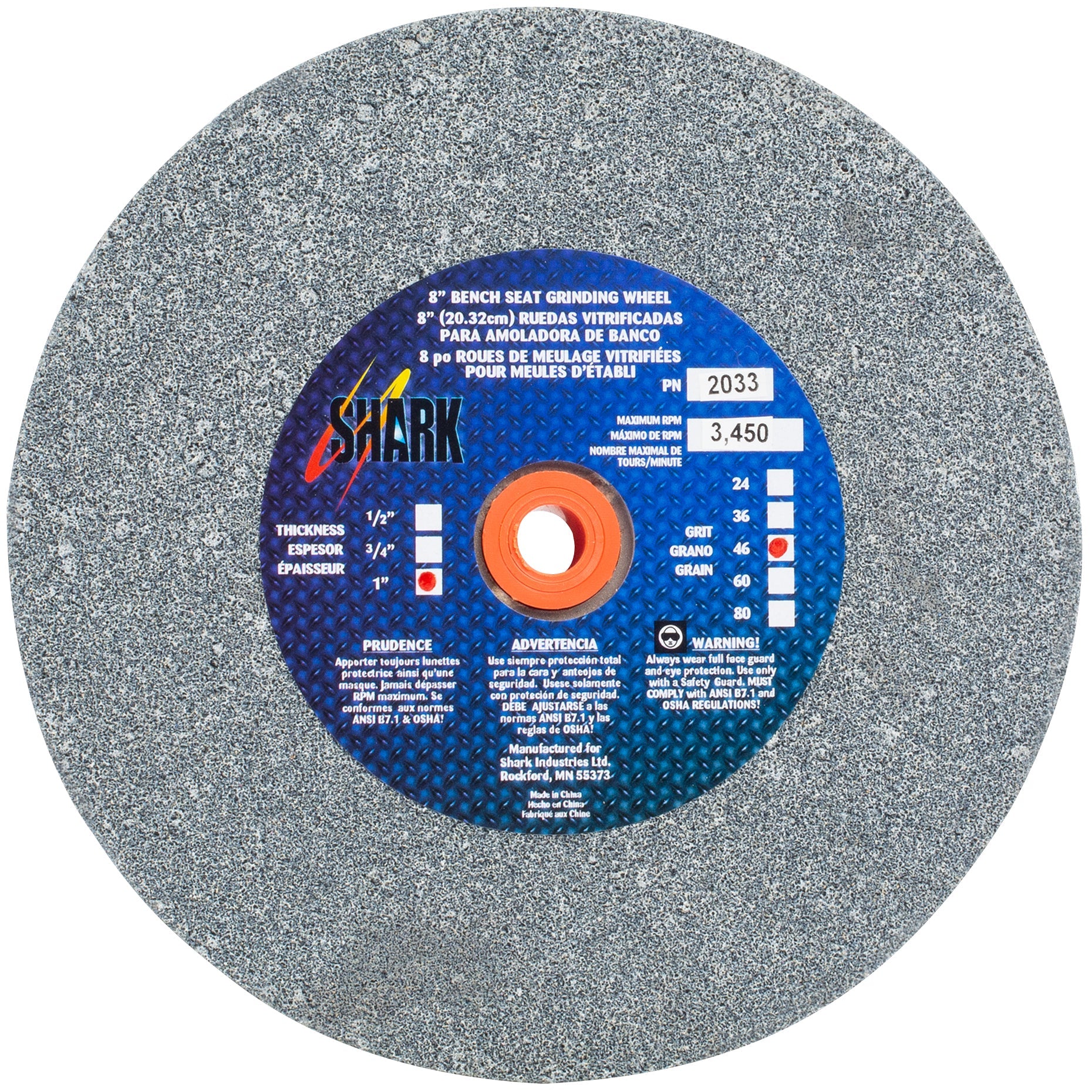 Shark Industries - Bench Seat Grinding Wheel Type 1. Size 8″ Made of Aluminum Oxide