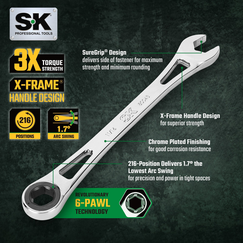 SK Tools USA - X-Frame 7 Piece, 6 point, Metric Combination Ratcheting Wrench Set