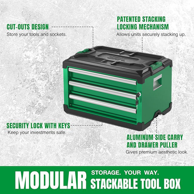 SK Tools USA - Modular Stackable Storage Tool Box, 3-Drawer Steel Box