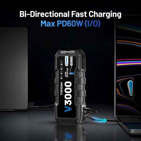 TOPDON 3000 Peak Amp Battery Jump Starter, Power Bank, & Flashlight