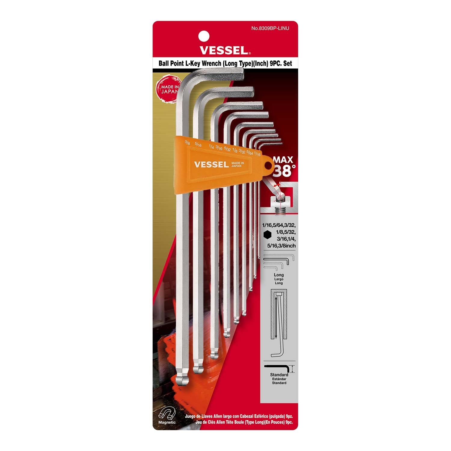 Ball Point Hex L-Key Wrench (Long Type) (Inch) 9PC. Set