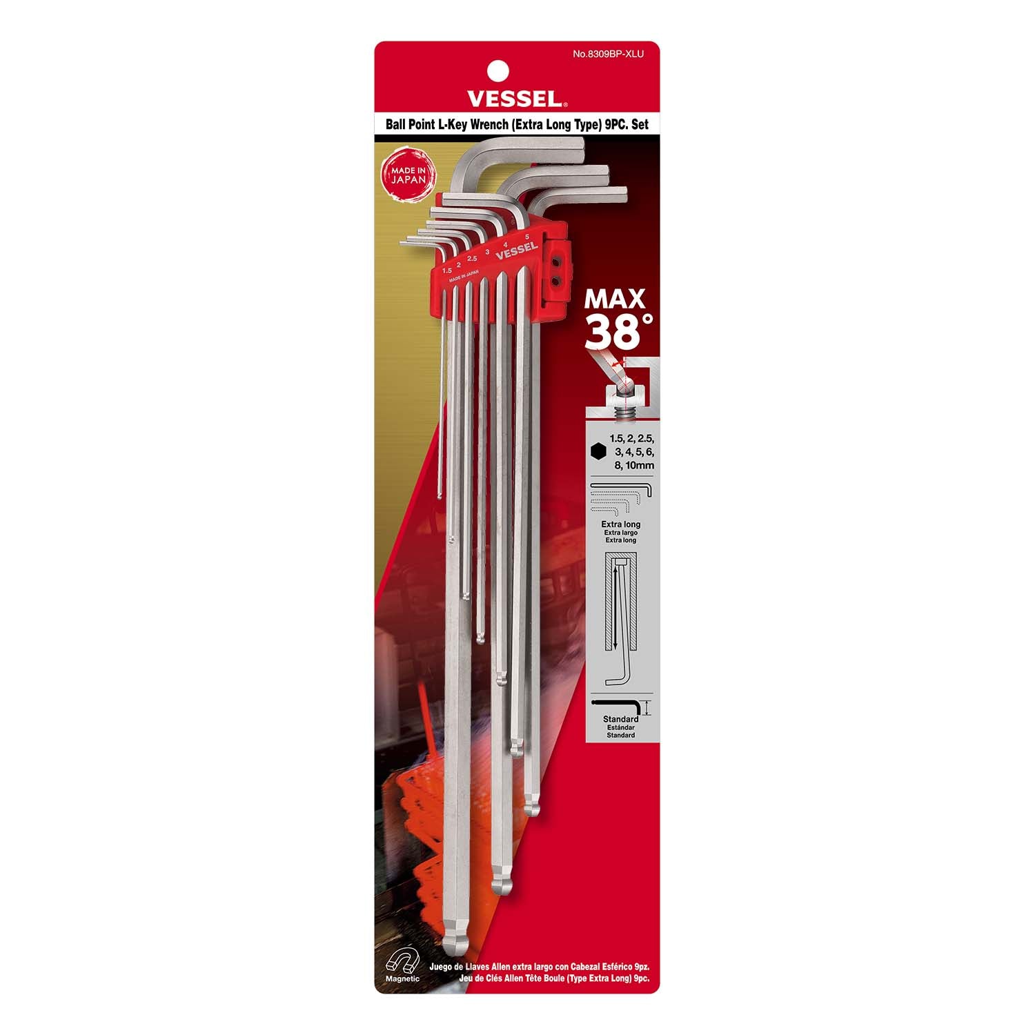 Ball Point Hex L-Key Wrench (Extra Long Type) 9PC. Set