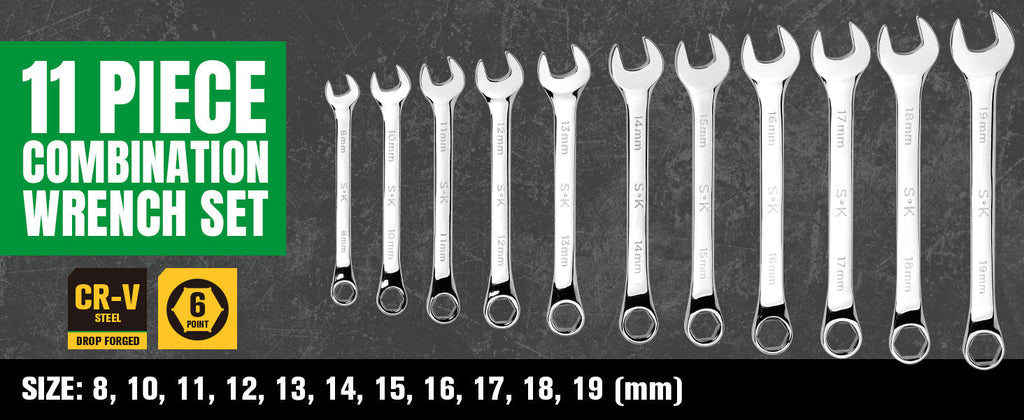 SK Tools USA - 11 Piece 6 Point Metric SuperKrome Combination Wrench Set
