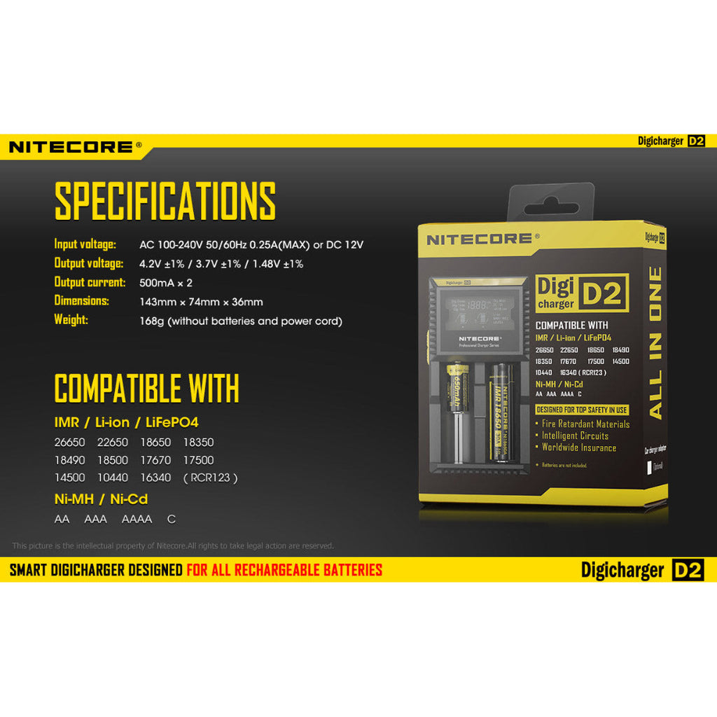Nitecore D2 Digicharger Universal Charger 18650 RCR123A 17650 17670 14500 AA AAA