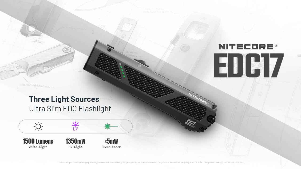 Nitecore EDC17 1500 Lumen Rechargeable EDC Flat Flashlight with White LED, UV, and Green Laser