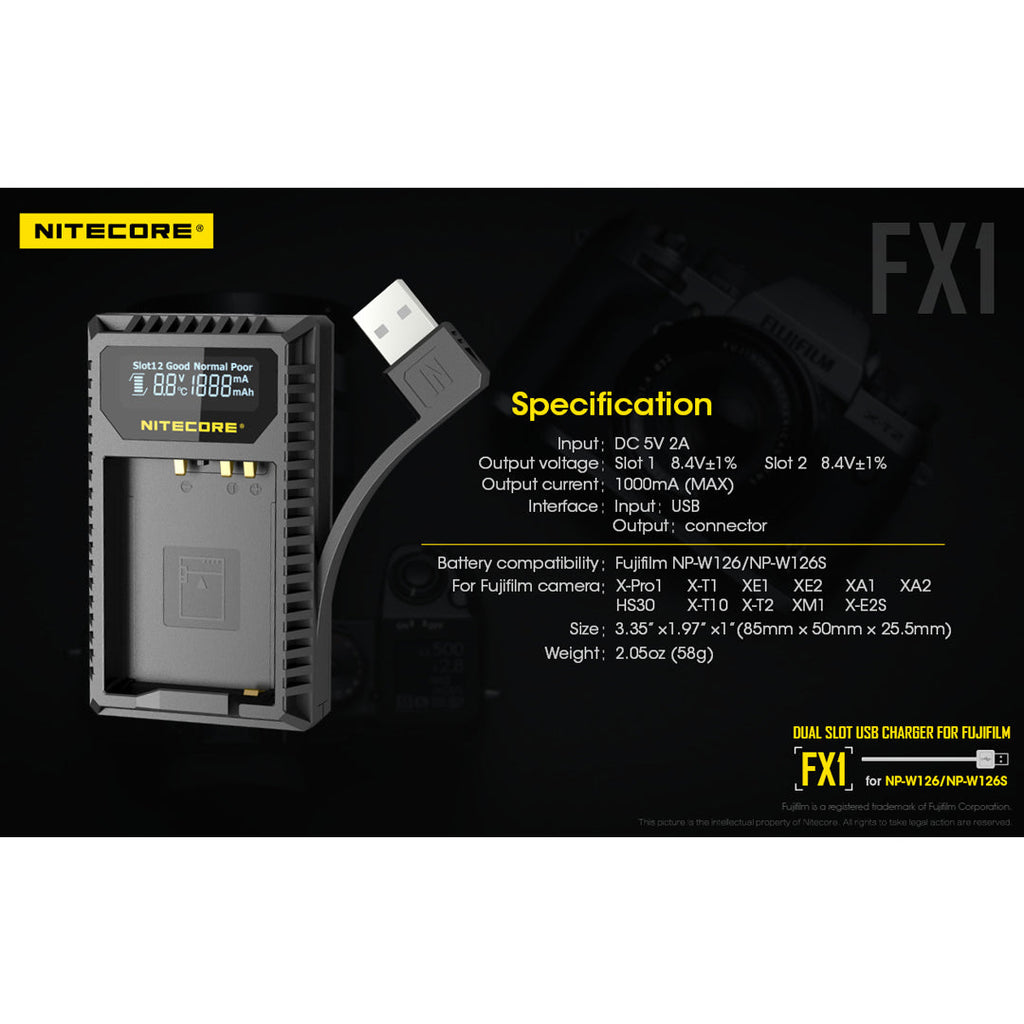 Nitecore FX1 Digital USB Travel Battery Charger for Fujifilm NP-W126 and NP-W126S Batteries