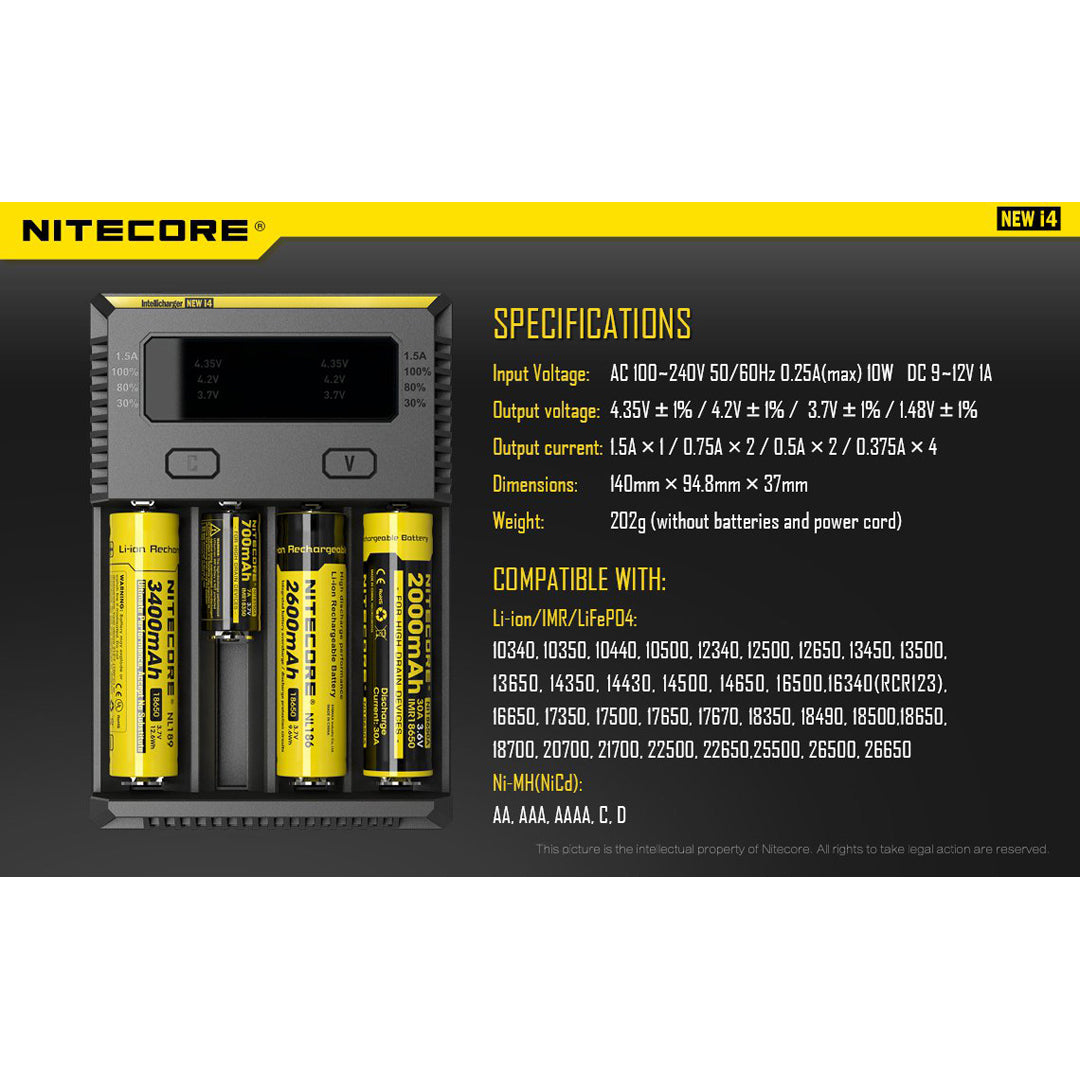 Nitecore New i4 4 Channel Universal Charger, for 18650, 16340 etc