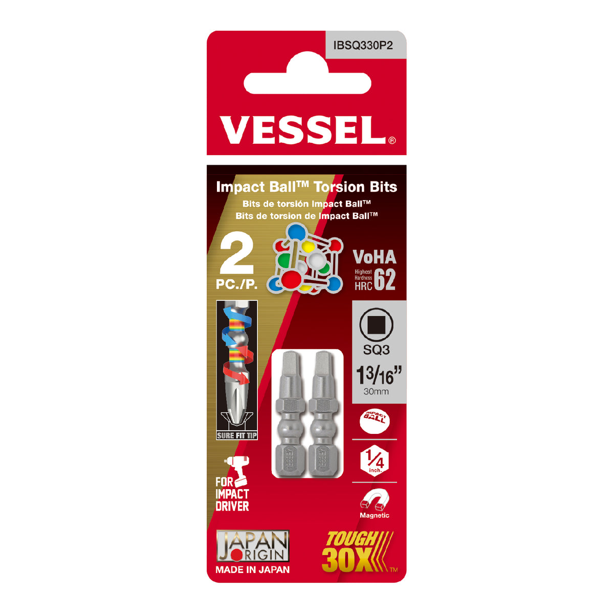 Vessel IMPACT BALL Torsion Bit SQ3x30mm 2PC. (Card)