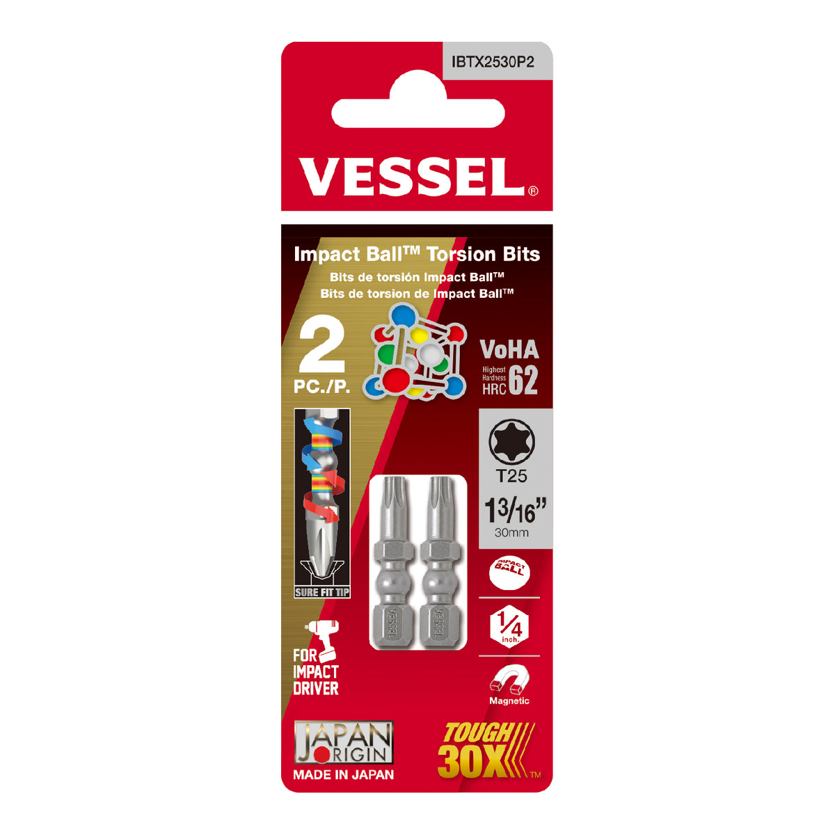 Vessel IMPACT BALL Torsion Bit T25x30mm 2PC. (Card)