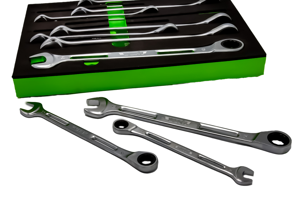 VIM Tools - 10 PIECE SLIM ANGLED RATCHETING WRENCH SET