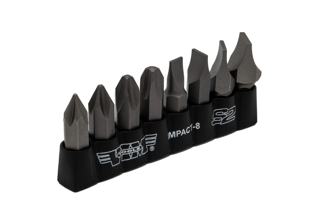 VIM Tools - Impact Quality S2 Bit Set, 8 pc Bits 5/16″ Hex bodies, 1.25″L, P1-P4 Phillips & Flat Tip