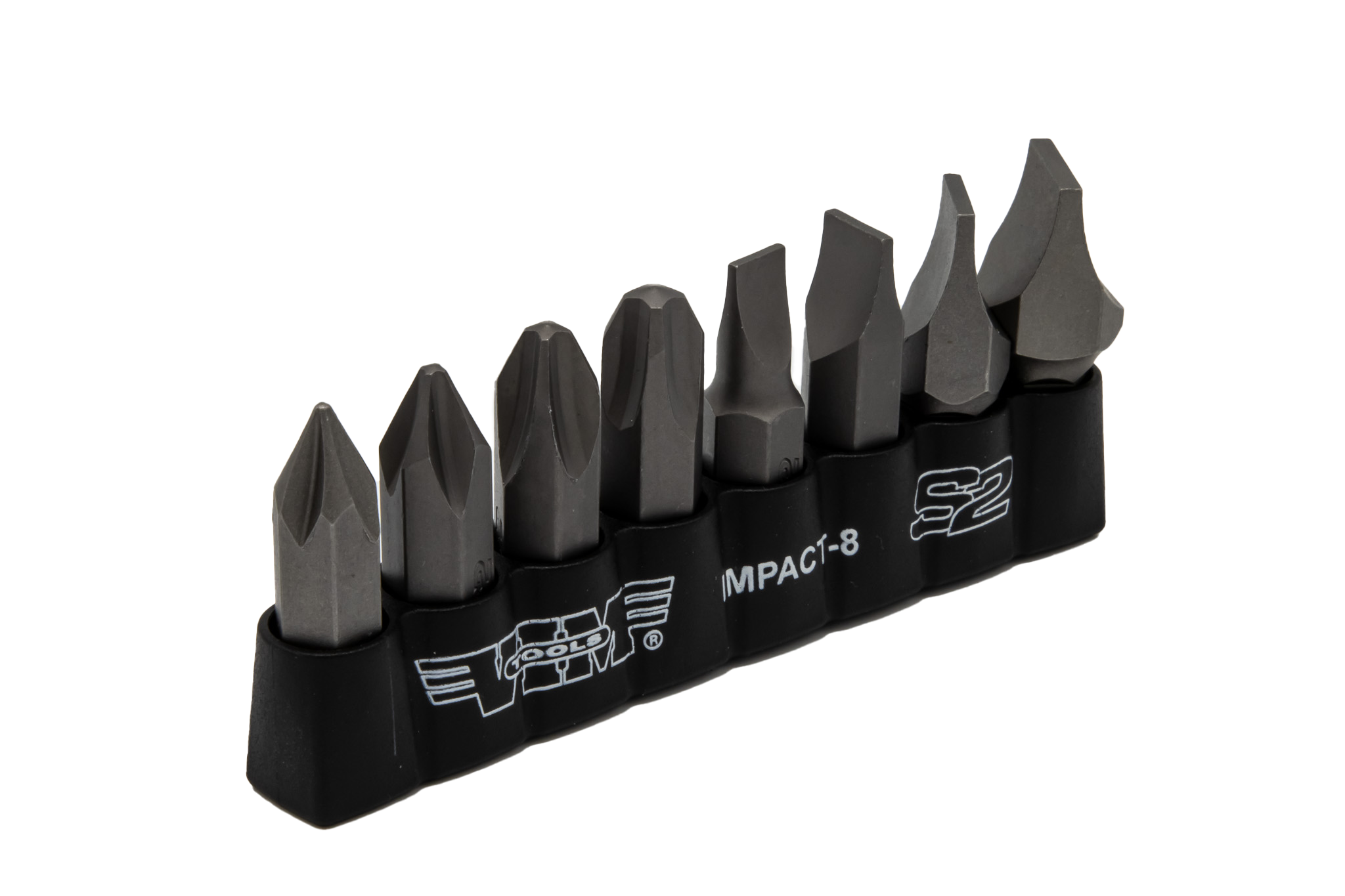 VIM Tools - Impact Quality S2 Bit Set, 8 pc Bits 5/16″ Hex bodies, 1.25″L, P1-P4 Phillips & Flat Tip