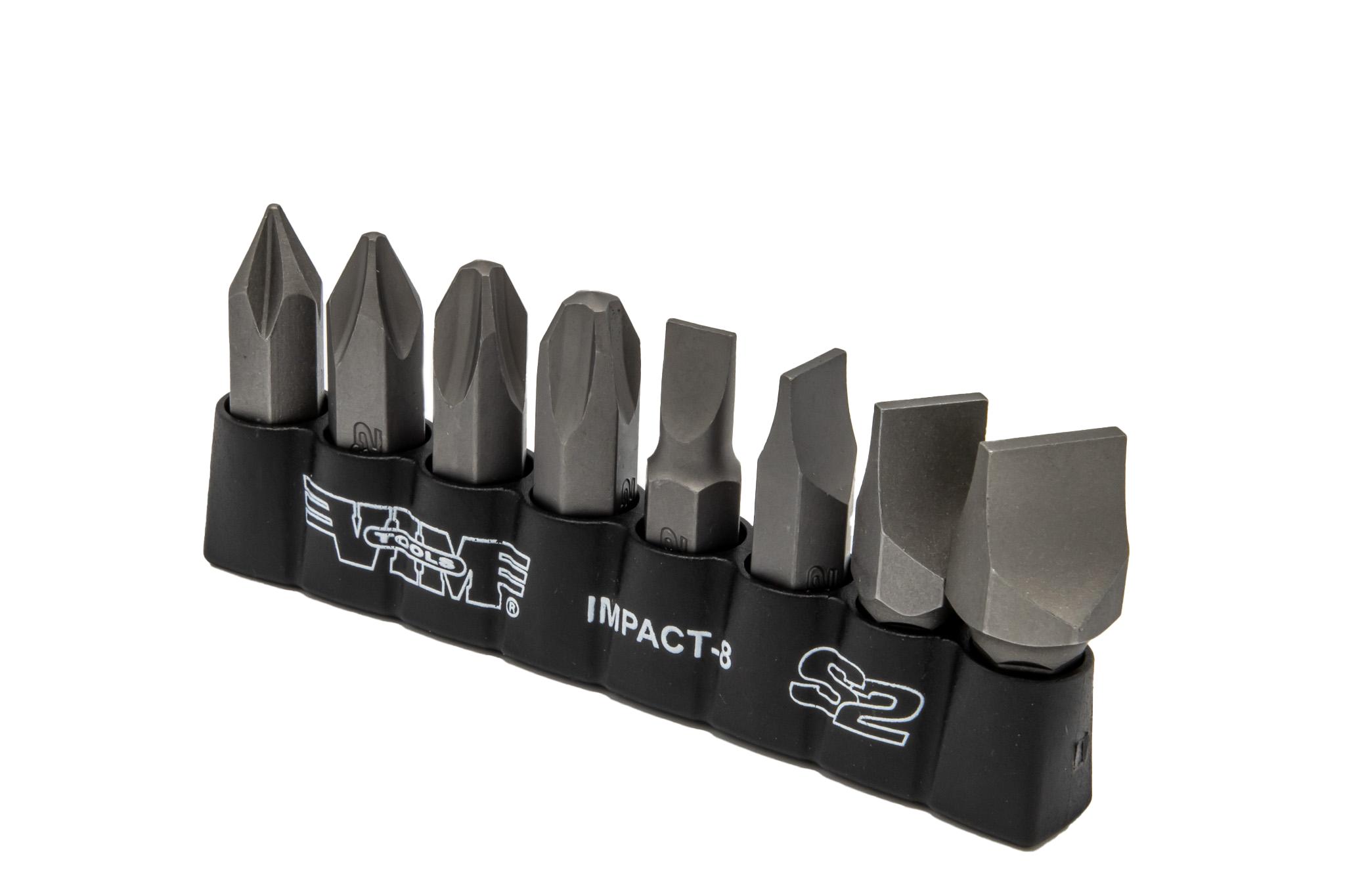 VIM Tools - Impact Quality S2 Bit Set, 8 pc Bits 5/16″ Hex bodies, 1.25″L, P1-P4 Phillips & Flat Tip