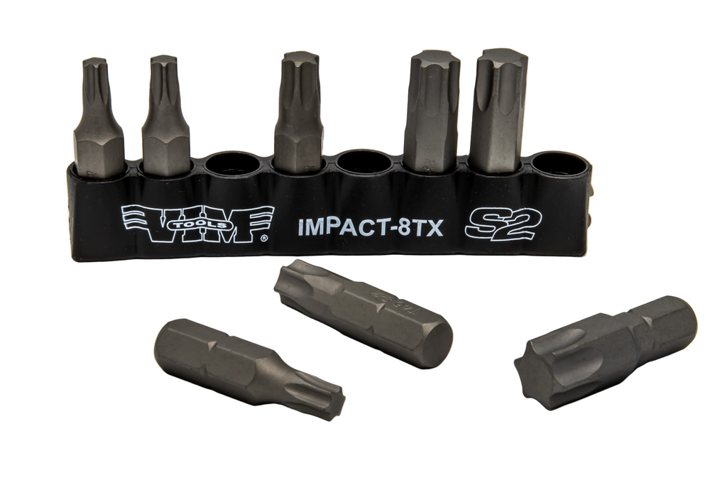 VIM Tools - TORX, Impact Quality S2 Bit Set, 8 pc Bits 5/16″ Hex bodies, 1.25″L, T25 thru T55 TORX