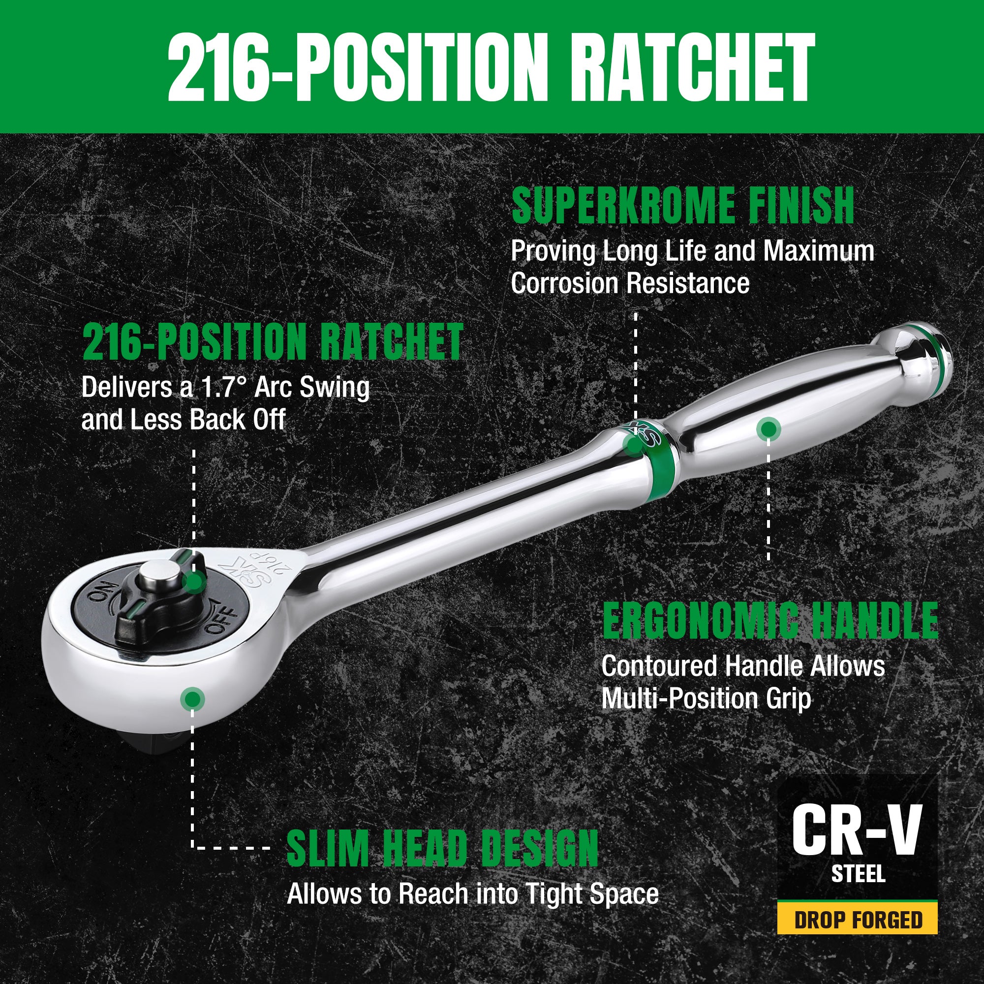 SK Tools USA - 1/2" Drive, 216-Position Reversible Chrome Ratchet, 11.2" Long - Ridge Toolbox