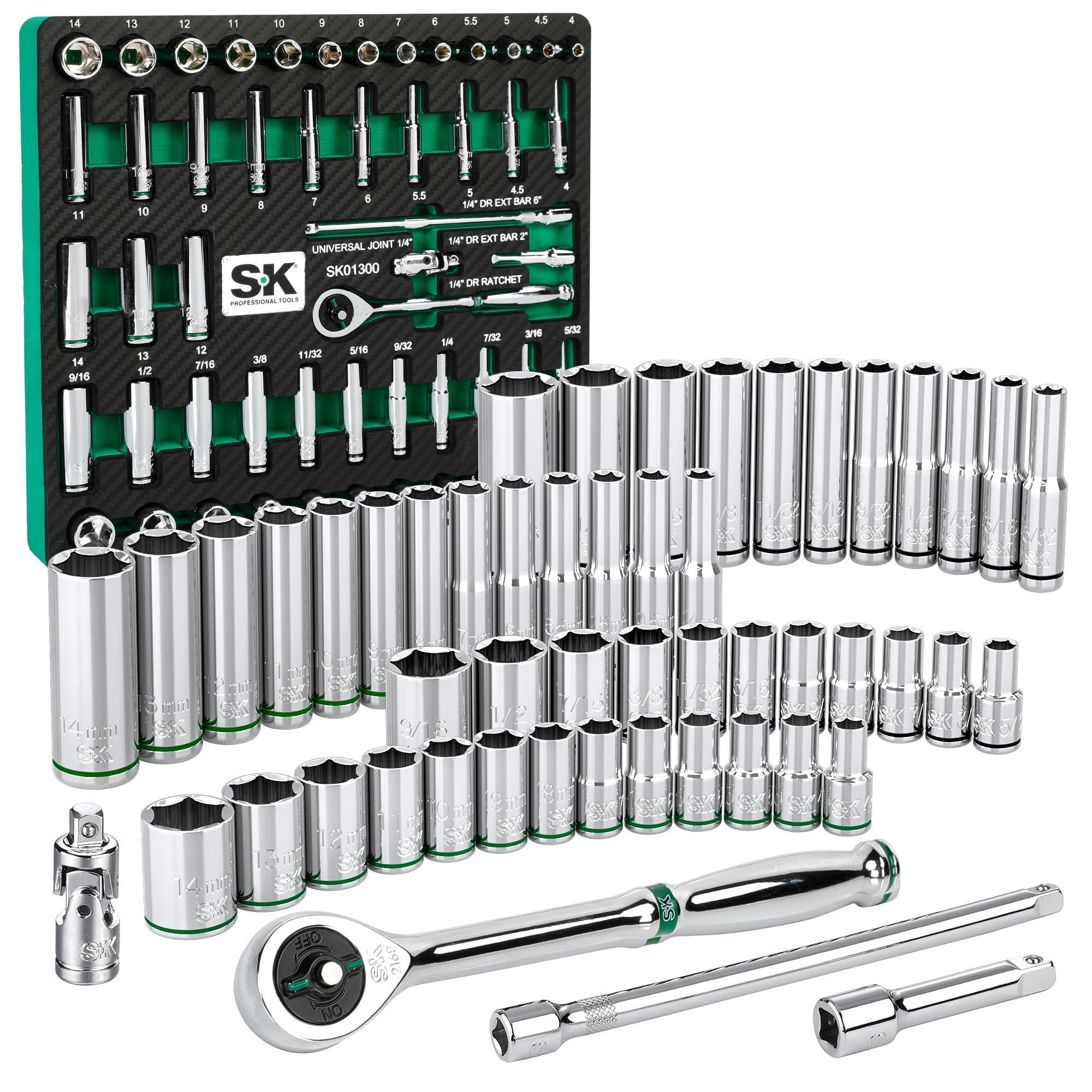 SK Tools USA - 1/4" Drive, 52 Piece, 6 Point, Shallow & Deep, SAE & Metric Chrome Socket Set
