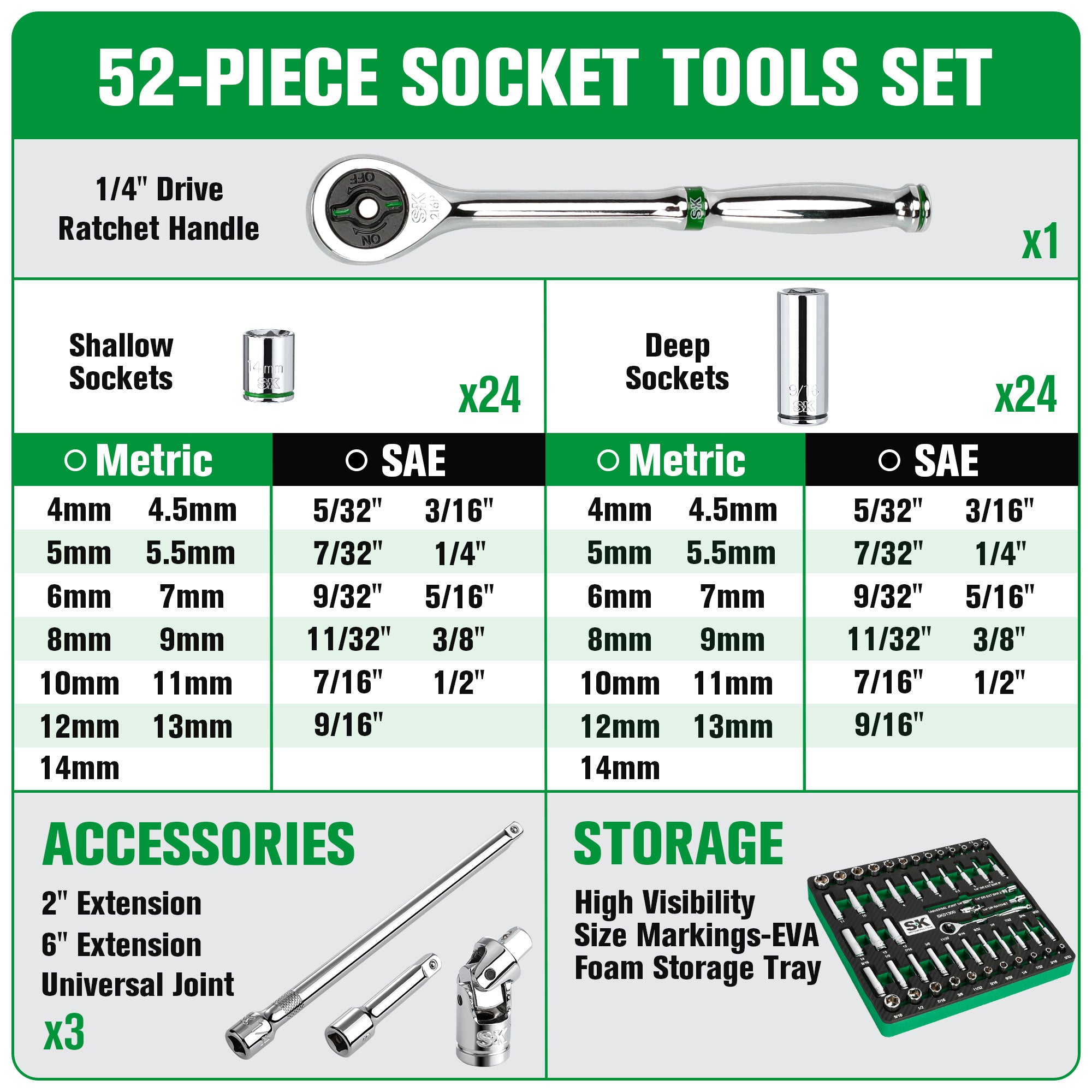 SK Tools USA - 1/4" Drive, 52 Piece, 6 Point, Shallow & Deep, SAE & Metric Chrome Socket Set - Ridge Toolbox