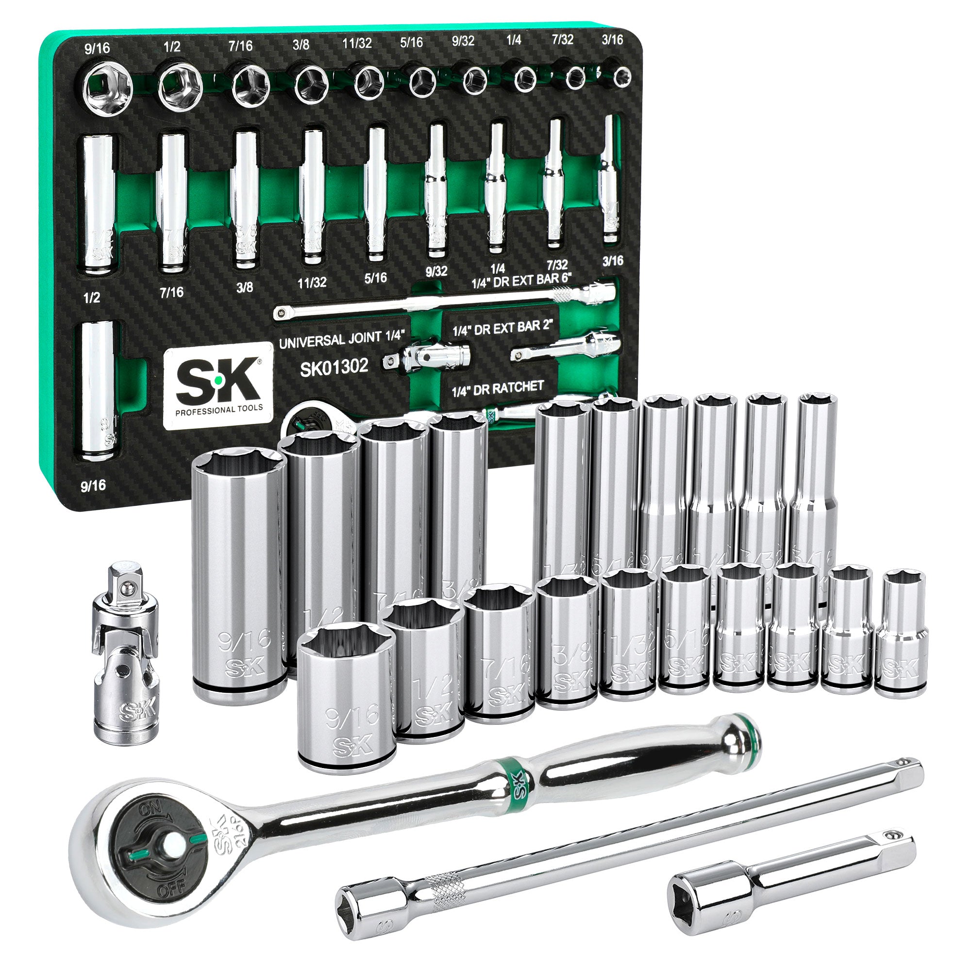 SK Tools USA - 30 Piece 1/4" Drive, 6 Point, Shallow & Deep, SAE Chrome Socket Set with 216-Position Ratchet